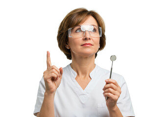 Dentist wearing protective glasses holding a dental mirror isolated on transparent background