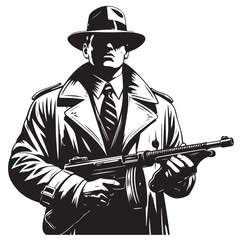 Gangster with gun illustration, vintage mafia man in hat, retro crime vector artwork