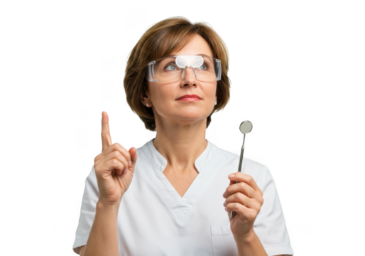 Dentist wearing protective glasses holding a dental mirror isolated on transparent background
