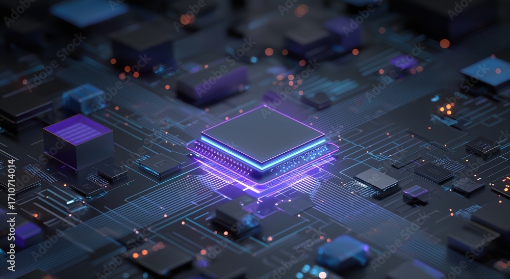 Poster a close-up view of a futuristic microprocessor on a dark circuit board, highlighting intricate conne