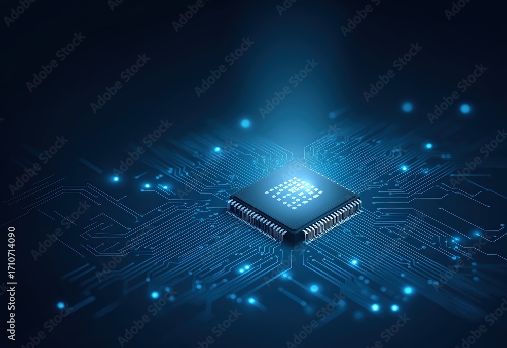 Poster a futuristic microchip surrounded by glowing circuits, symbolizing technology and innovation in a di