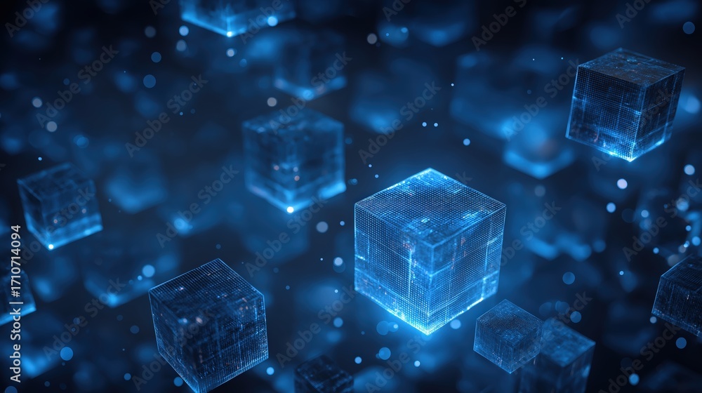 Poster a futuristic visualization of glowing blue cubes floating in a digital space, symbolizing technology
