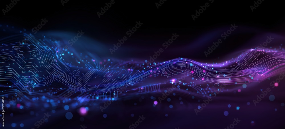 Poster a vibrant digital wave design featuring flowing lines and glowing dots, resembling a futuristic circ