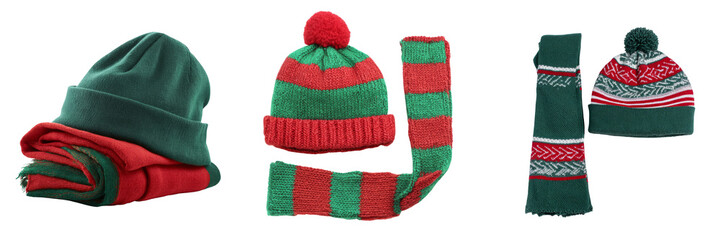 Winter fashion accessories scarves and hats with transparent background festive style