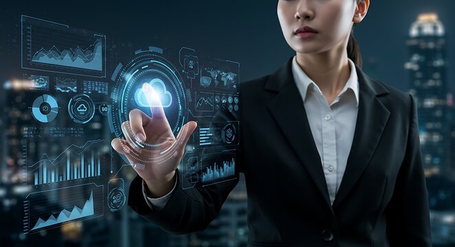 Businesswoman Touching Blue Futuristic Interface at Night Cityscape