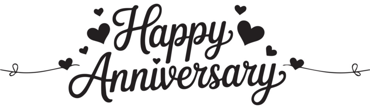 Happy Anniversary cursive text with scattered hearts