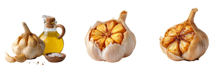 Roasted garlic cloves with olive oil kitchen food photography transparent background