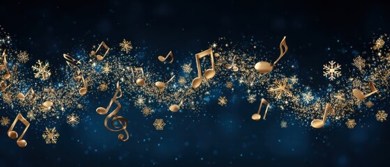 Golden Music Notes and Snowflakes Floating on Deep Blue Background Celebrating Winter Holidays in a Festive and Magical Style