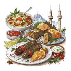 Turkish National Food with Turkish Pie Pide and Dolma Top View Vector 