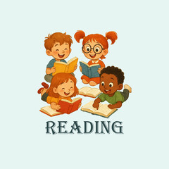 Kids Reading Books &ndash; Cute Cartoon Illustrations