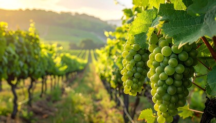 Lush green grapes hang heavy on vines, bathed in golden sunlight, amidst a vineyard landscape.
