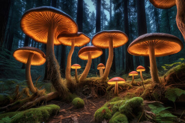 Fototapeta premium Bioluminescent Mushrooms Glowing in a Dark Forest at Night Keywords: mushrooms, forest, glowing, bioluminescent, night, dark
