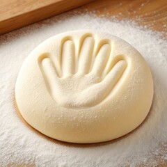 Soft yellow dough with handprint impression dusted with flour on wooden surface