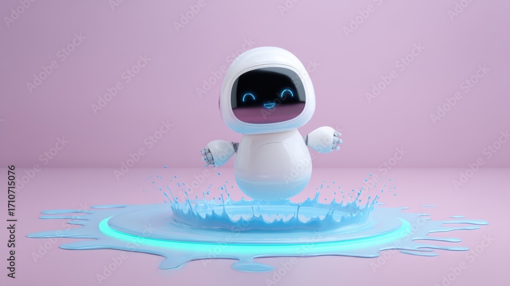 Poster a playful robot character joyfully splashing in a blue puddle against a soft pink background, exudin