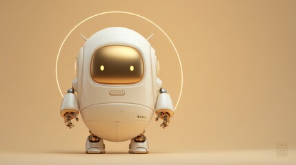 A cute, stylized robot with a rounded design and golden accents, set against a soft beige background, exuding a friendly and futuristic vibe, cute robot with space for text