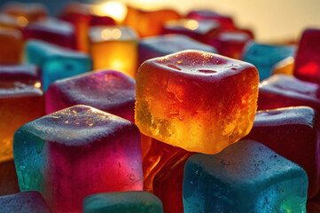 Close up of colorful translucent jelly cubes in various vibrant colors candy sweet