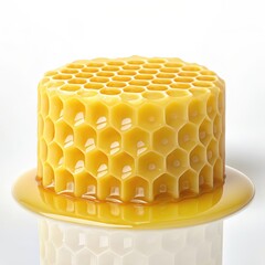 Textured yellow honeycomb wax cylinder with liquid honey dripping onto white base