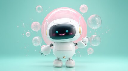 A cute, cartoonish robot surrounded by bubbles against a pastel blue background, exuding a friendly and whimsical vibe, cute robot with space for text