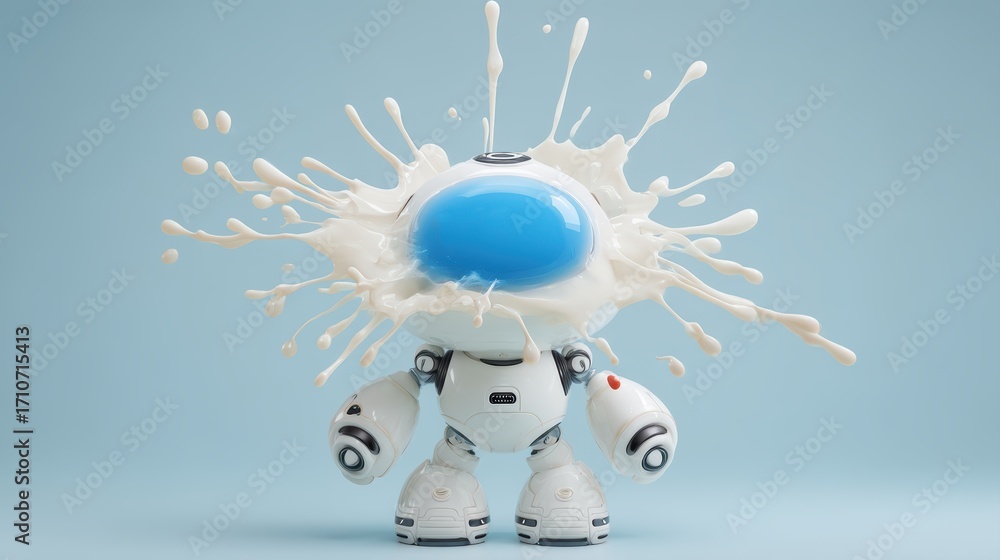 Poster a playful robot splashes blue liquid, creating a whimsical scene against a soft blue background, cut