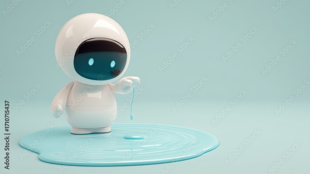 Poster a cute robot figure interacts with a blue liquid puddle, set against a soft pastel background, creat