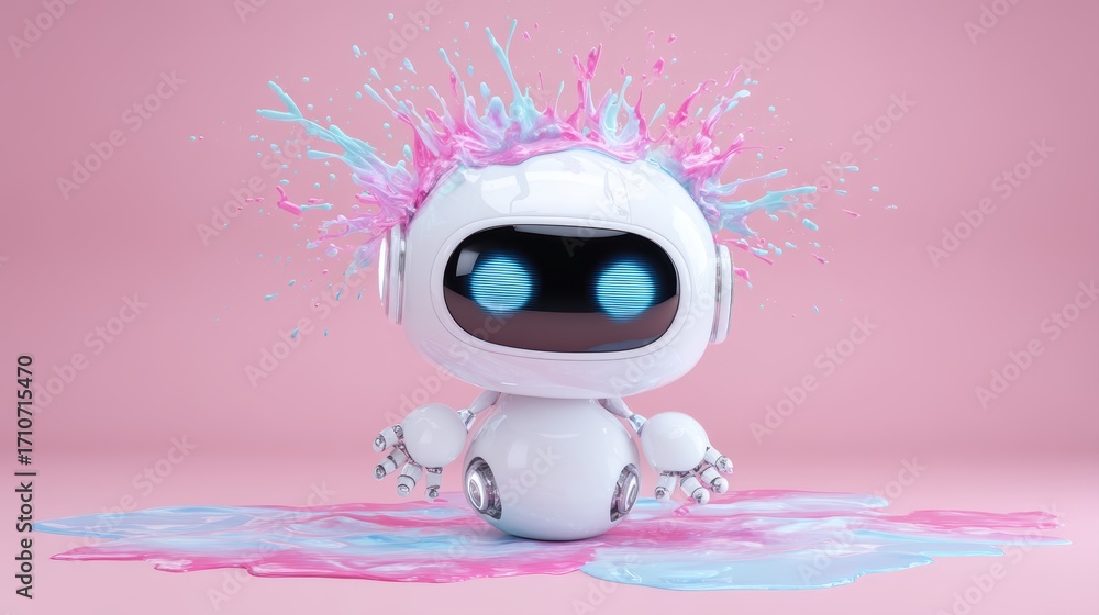 Poster a playful robot character with a colorful splash of paint on a pink background, exuding a fun and vi