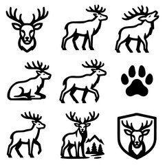 Black and White Deer Silhouettes with Antlers and Paw Print Iconography.