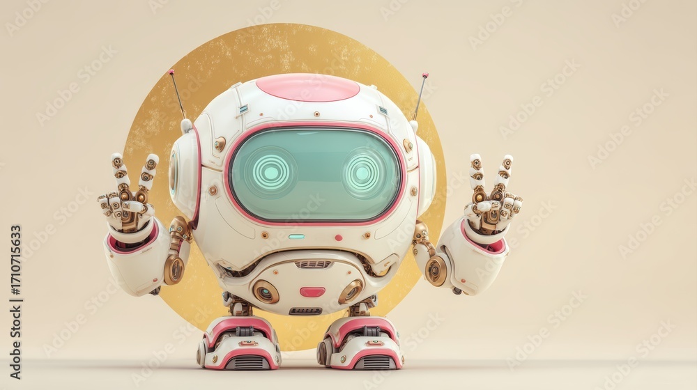 Poster a whimsical robot character makes a peace sign against a golden circular background, combining techn