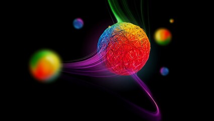 Abstract Multicolored Spheres with Flowing Energy Streams on Dark Background
