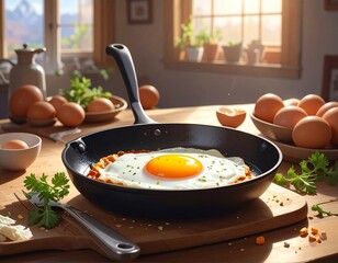 Sunny-Side-Up Breakfast Delight in a Rustic Kitchen