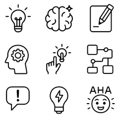Black and white line art icons representing ideas thoughts and problemsolving.