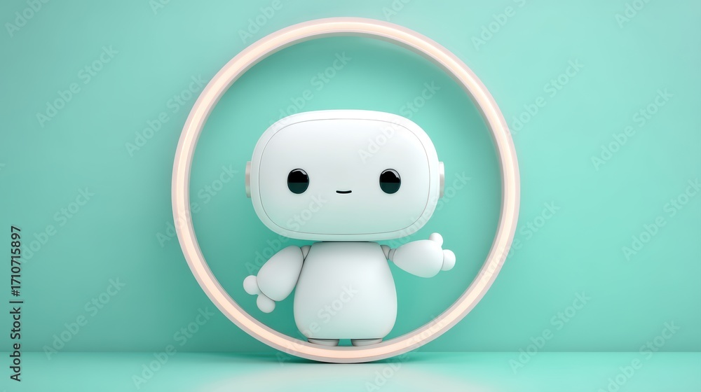 Poster a cute, stylized robot character stands inside a circular frame against a soft mint background, exud