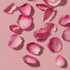 Pink rose petals scattered on a pastel background flat lay top down view for beauty and romance concepts