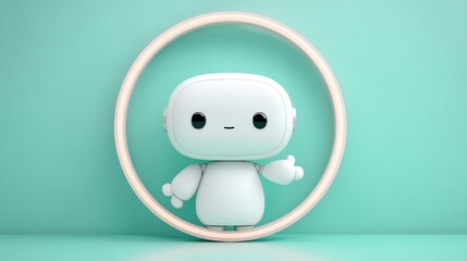 A cute, stylized robot character stands inside a circular frame against a soft mint background, exuding a friendly and modern vibe, cute robot with space for text