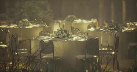 Tables dressed in light linens are arranged beautifully in a forest clearing, adorned with floral centerpieces as soft sunlight filters through the trees during the late afternoon.