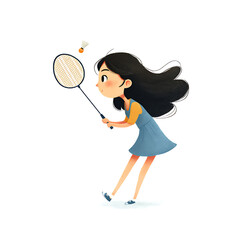 A girl playing badminton, swinging racket, isolated on white background.