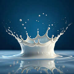 White milk splash frozen mid air with droplets against blue background