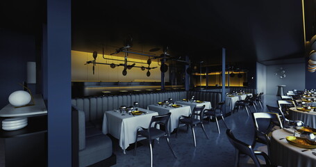 Stylish restaurant features dark decor with tasteful lighting illuminating tables. Gourmet dishes are prepared in an open kitchen, creating a lively atmosphere for diners.