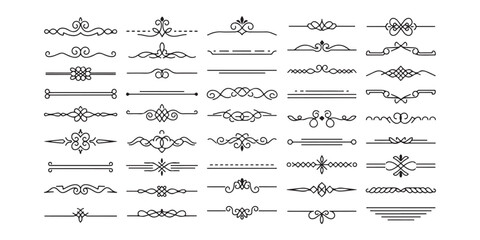 A set of intricately designed black ornamental flourishes and line dividers, perfect for adding a vintage or formal touch to designs.
