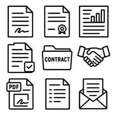 Business Documents and Contractual Agreements in Black and White Line Art.