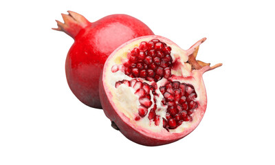 Freshly cut, juicy red pomegranate seeds on a whole ripe fruit against a clean white background