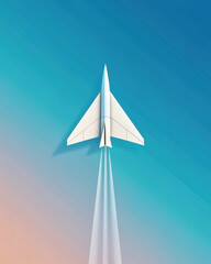 White paper airplane soaring upwards leaving a white trail against a blue and peach gradient sky