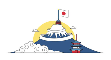 Iconic Mount Fuji in Japan with a Japanese flag flying high.