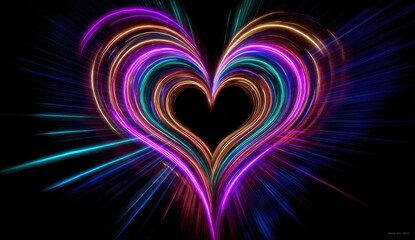 Vibrant Abstract Heart Shape Illuminated by Colorful Glowing Light Trails.