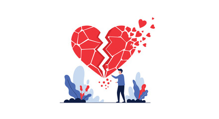 A person is trying to fix a broken heart that is shattering into pieces on a white background.