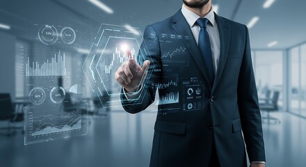 Professional Businessman Analyzing Virtual Data Charts in Modern Office