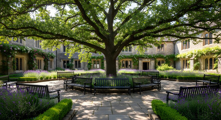 Naklejka premium Serene Courtyard Scene with Oak Tree A Place of Calm and Whisk_a26531fac5af9b28b4444ed7223612f9dr