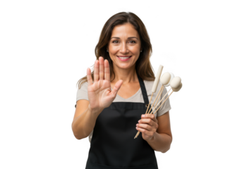Woman in apron holding dried flowers isolated on transparent background