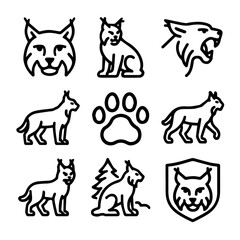 Collection of Black Line Art Lynx Illustrations.