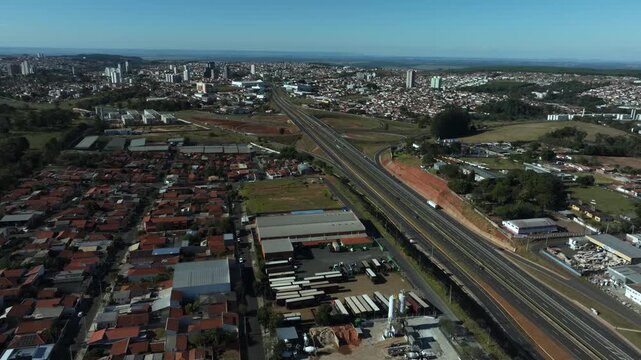 Botucatu, S&atilde;o Paulo, Brazil. High-angle aerial view of highway infrastructure development. Construction of the access road to Shopping Botucatu, on the Teacher Joao Hipolito Martins Highway (SP-209). 