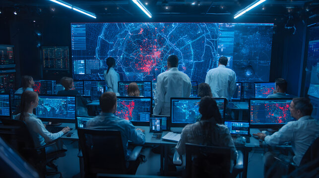 Cybersecurity Team Monitoring Threats in a Modern SOC - Powered by Adobe